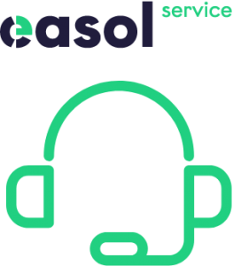 Logo der easol service und ein Icon, das ein Kopf mit einem Headset darstellt.