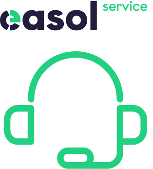 Das Logo der easol service und ein Icon, das ein Kopf mit einem Headset darstellt.